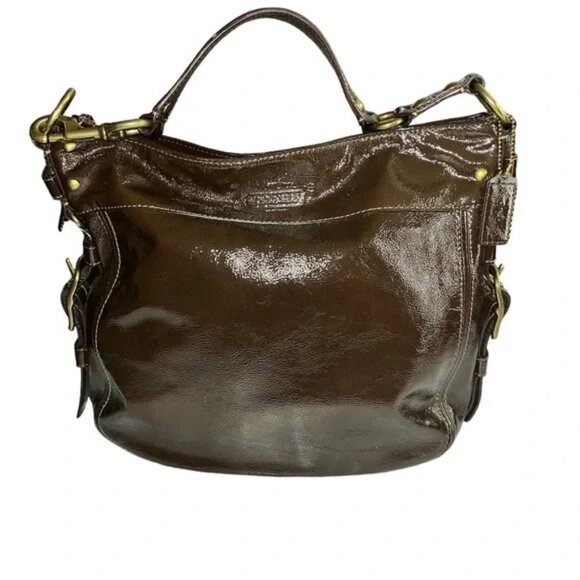 NWOT AUTHENTIC COACH ZOE BROWN PATENT LEATHER LARGE HOBO HANDBAG & DUSTY $500 - Picture 1 of 10